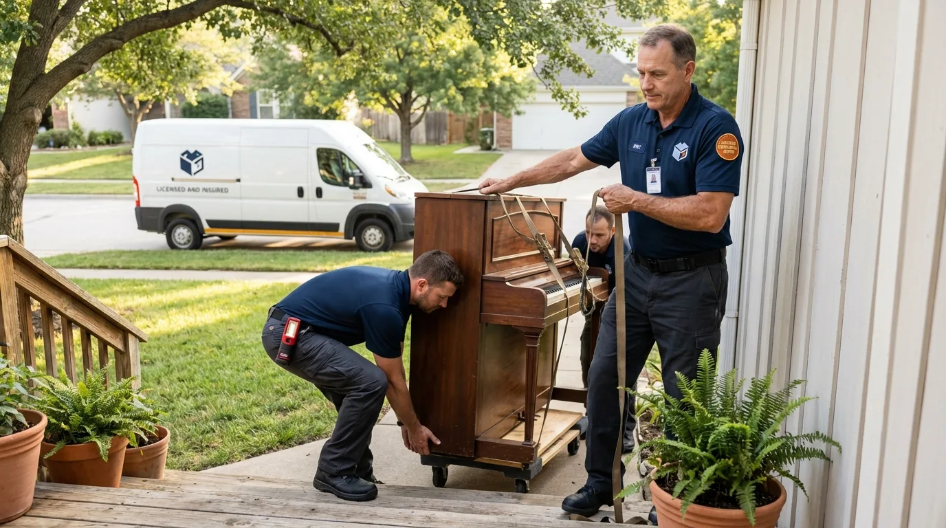 Licensed piano movers securing grand piano in Idaho Springs, CO