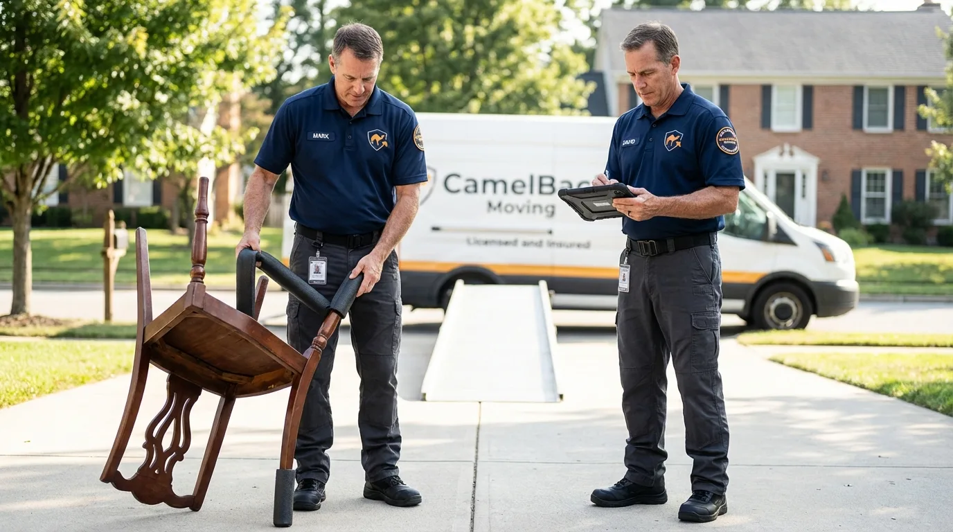 Movers inspecting furniture for damage prevention before loading in Idaho Springs, CO