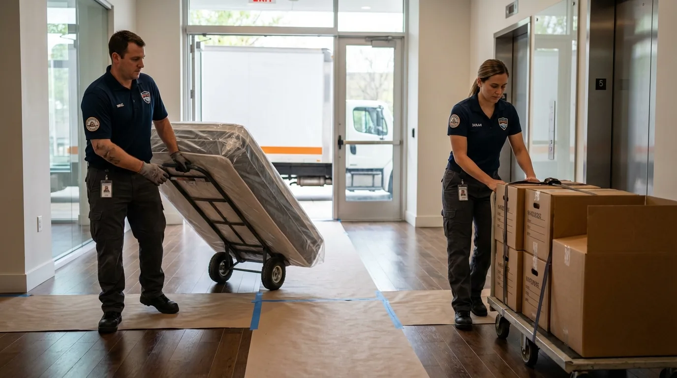 Professional apartment movers loading elevator in Idaho Springs, CO