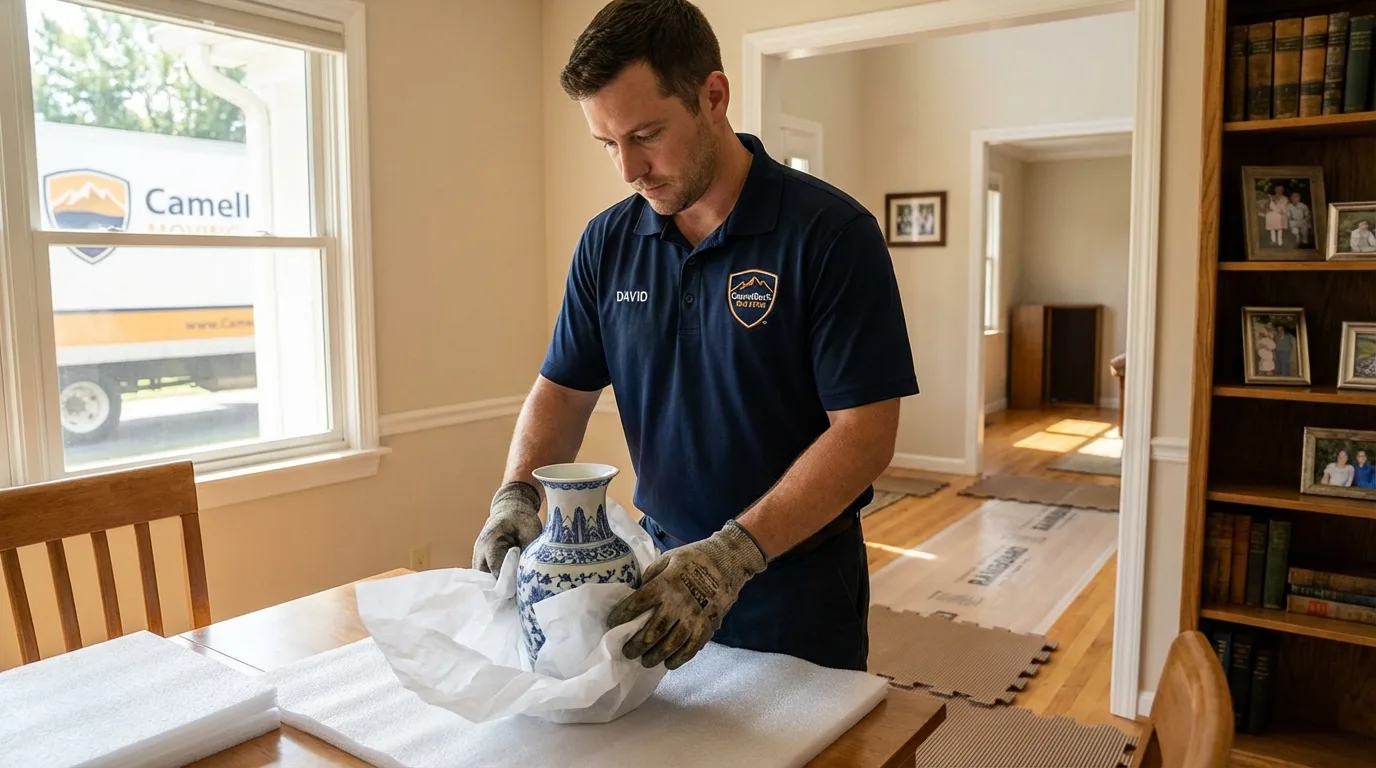 Professional crew carefully wrapping antique vase for senior downsizing move in Idaho Springs, CO